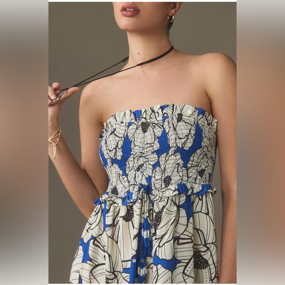 Farm Rio Strapless Smocked Ruffle Mini Dress - Picture 2 of 5